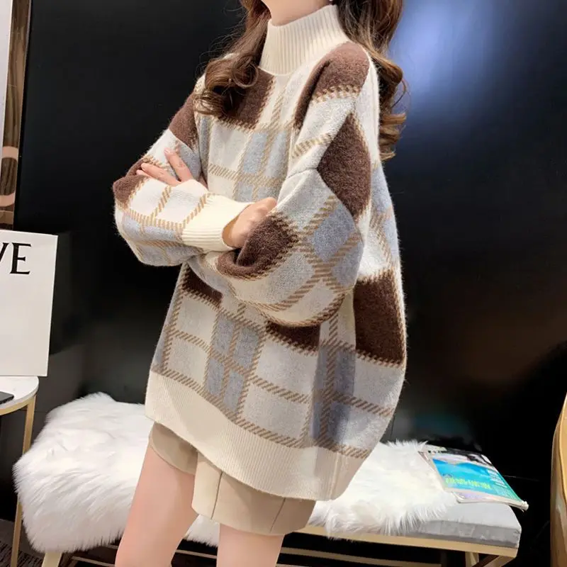 

Women's Vintage Half High Neck Striped Loose Pullover Sweater Plaid All Match Knitted Long Sleeve 2023 Autumn and Winter Tops