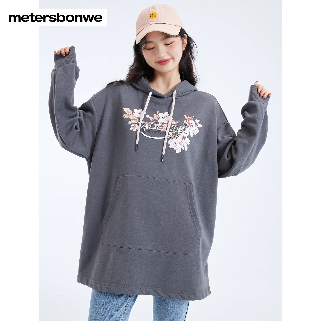 Metersbonwe Women's Flower Printed Hoodies Loose Casual Off-Shoulder Pullover With Hooded Spring Autumn Warm Large Pockets Tops
