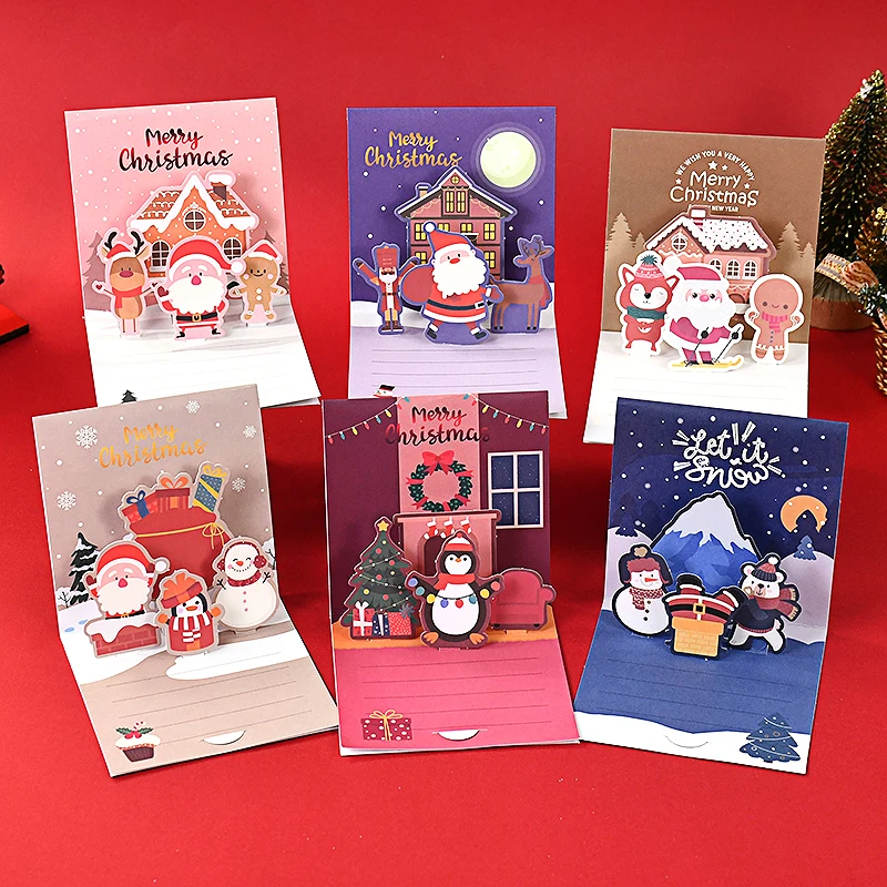 1set Merry Christmas Greeting Cards Handmade 3D Cards Thank You Invitation Christmas Pop-Up New Year Noel Decor