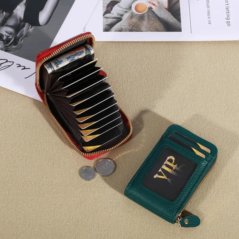 New Vintage Genuine Leather Men's Wallet Credit Card Holder RFID Blocking Zipper Money Pouch Card Protect Case Pocket Cover