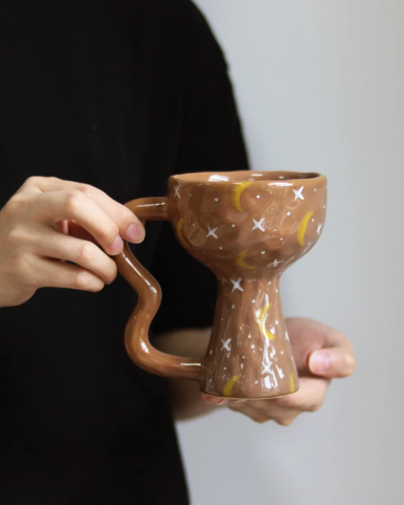 

Small Handmade Medieval High Foot Mug Vintage Vintage Hand Painted Moon Stars Coffee Cup Gift