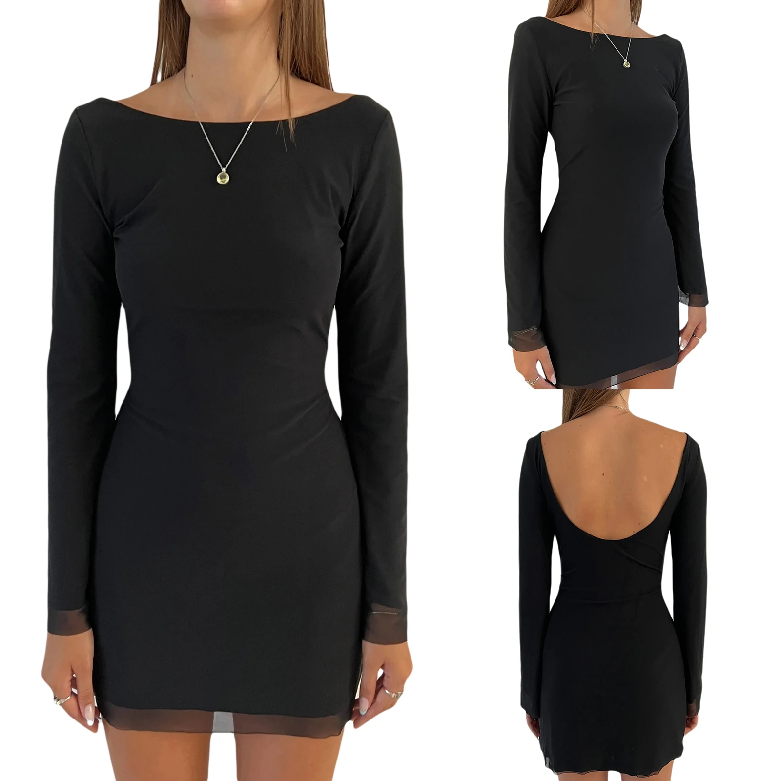 

Women's Sexy Open Back Sheath Dress Black Solid Color Long Sleeve Boat Neck Wrap Skirt High Streetwear Summer Dress Y2K