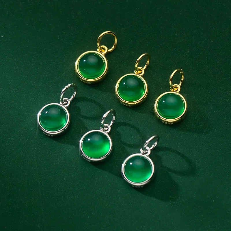 TrustDavis 925 Sterling Silver Fashion Round Green Chalcedony Charm Pendant DIY Accessories Jewelry HY321