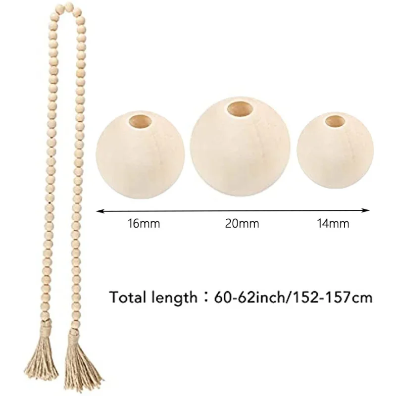 58インチ 木製ビーズガーランド 10個 ユーカリの茎 人工ユーカリの葉 ファームハウスビーズ 素朴な国 祈り ボーホービーズ ウェディングセンターピ 特大木製ビーズガーランド 直径1.6インチの木製ビーズ付き タッセル付き木製ビーズガーランド 装飾ビーズ ファームハウスビーズ ホームデコレーション  (ナチュラルベージュ、58インチ)