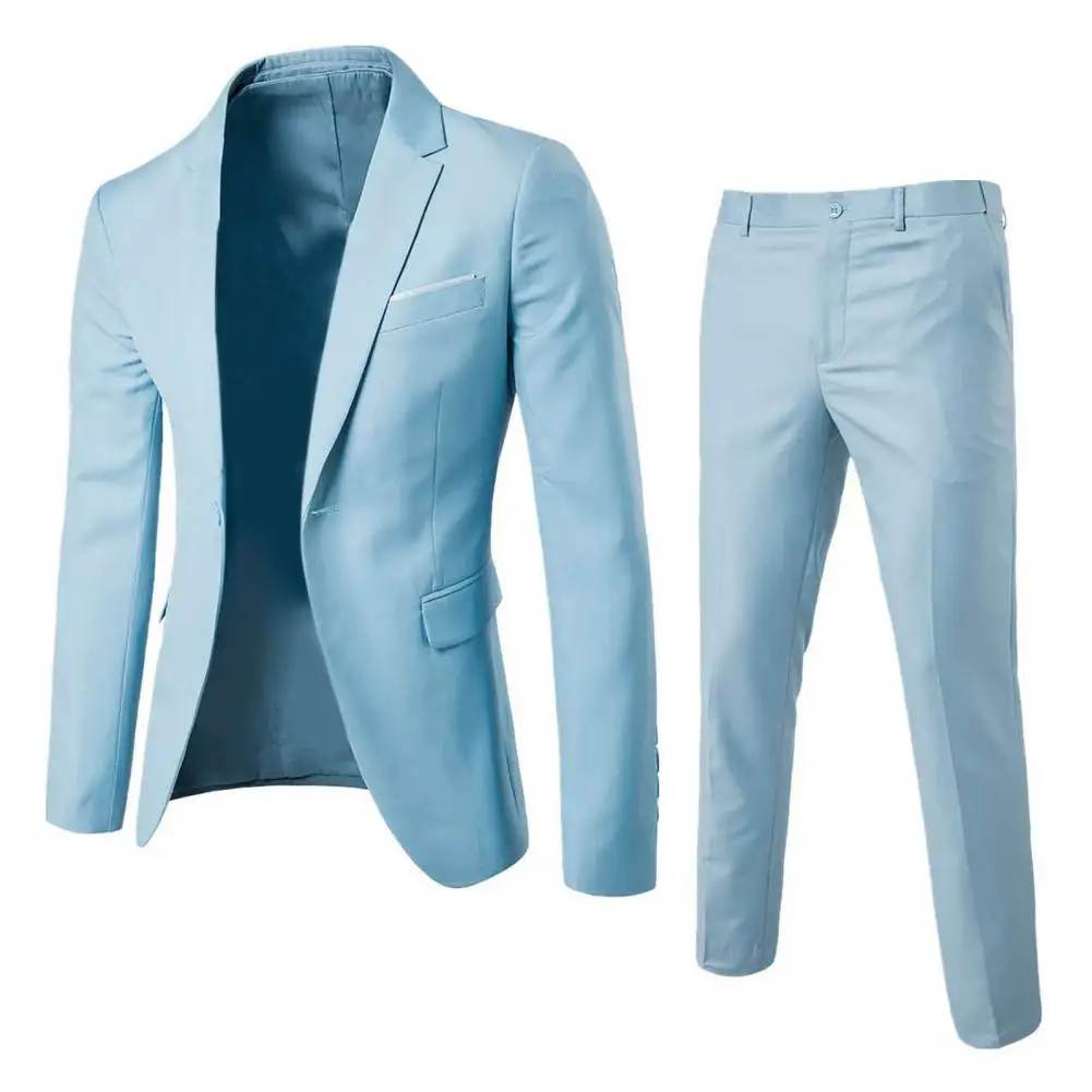 Mens Suit 1 Set Men Blazer Pants Solid Color Long Sleeve Slim Fit Turndown Collar Temperament One Button Pockets Suit Set Men Clothes
