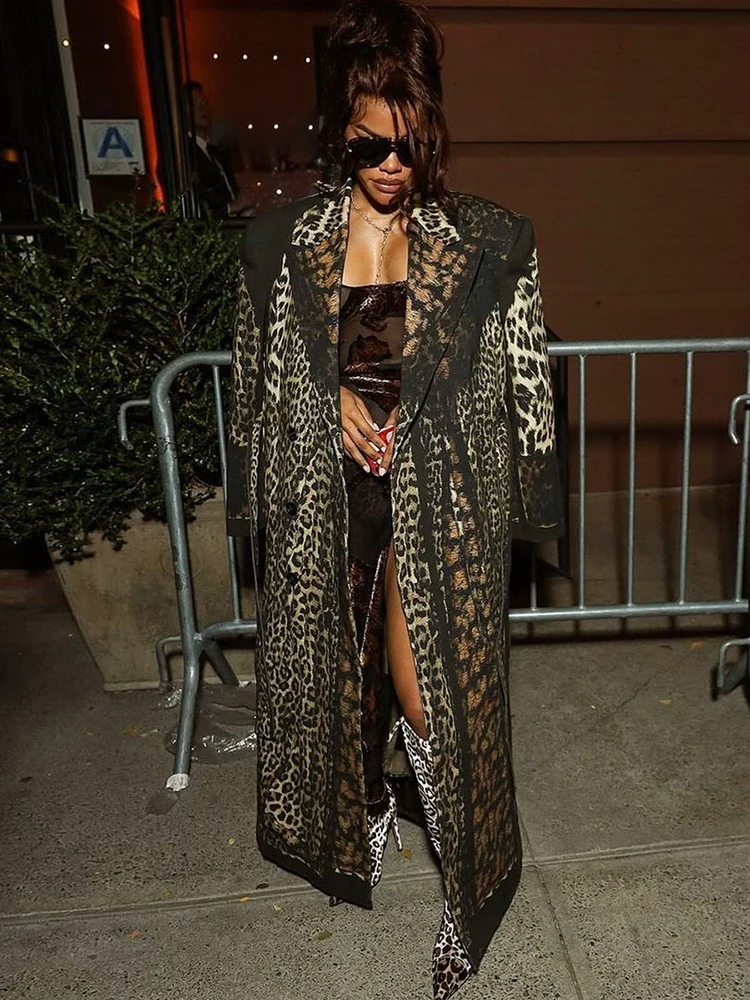 Nibber Lapel Trench Coat Woman Leopard Print High Waist Autumn Trend Bandage Cardigan Full Sleeve Street Fashion Style Clothing