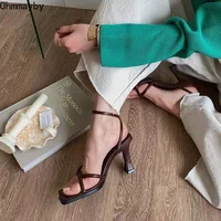 2026 Summer Narrow Band Heel Sandals Women Thick Heel 7 CM Ankle Strap Fashion Square Toe Ladies Dress Sandalias Women's shoes