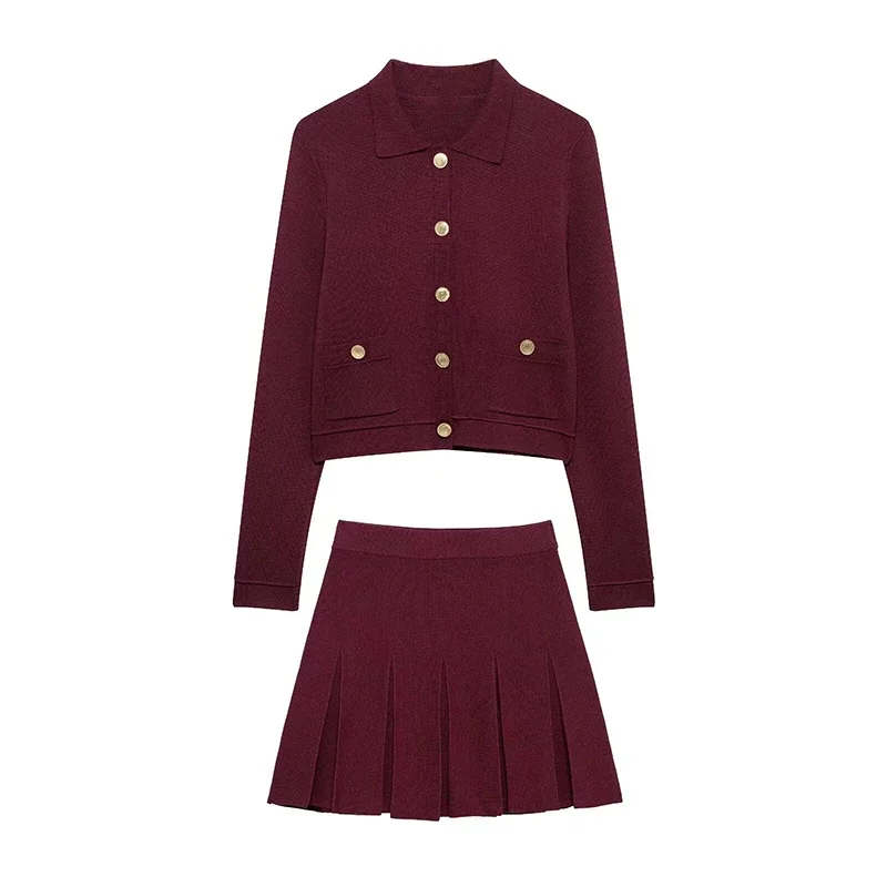 _ Women Skirts 2 Piece Set Burgundy Knitted Lapel Long Sleeve Button Cardigans Pleat High Waist A-line Skirt 2025 Lady Outfits