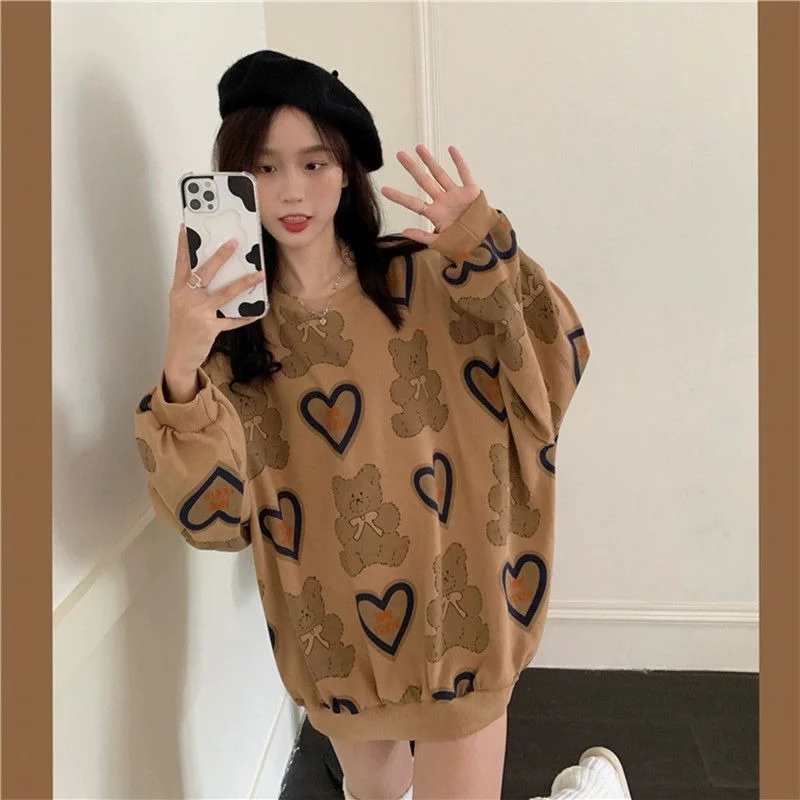 Kawaii  korean Beer Print Vrouwen Trui Lange Mouwen Herfst Hoodie Sweetheart Oversized Ronde Hals Patroon Pullover Streetwear