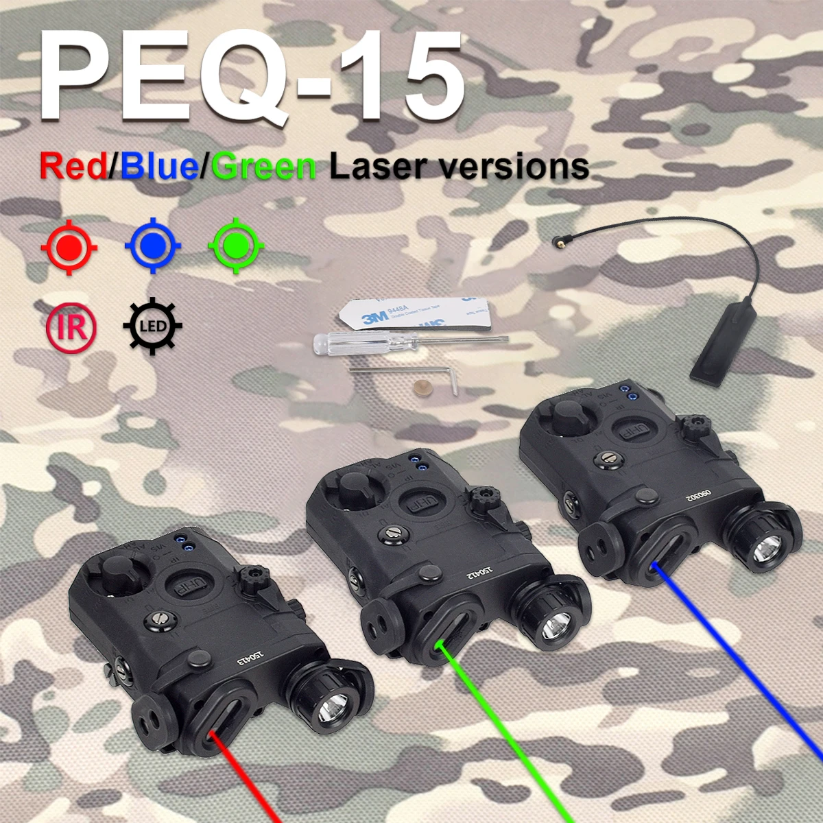 

Weapon Gun PEQ-15 Light Red Green Blue Dot Laser Sight IR LED For 20mm Hunting Airsoft Scout Flashlight Remote Switch