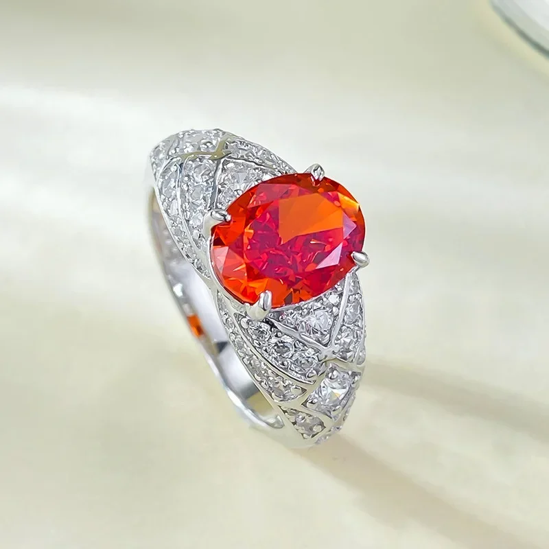 

New S925 Silver 7 * 9 Oval Sunset Orange High Carbon Diamond Ring Simulation Diamond Ring Women's Wedding Jewelry