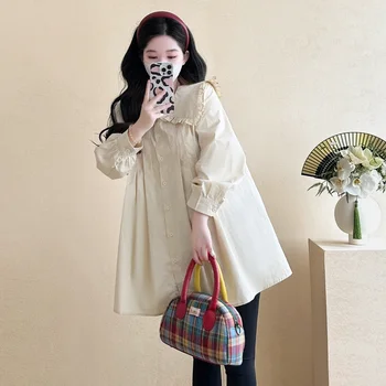 Good Quality Maternity Cotton Shirts Long Sleeve Peter Pan Collar Office Lady Elegant Blouses Plus Size Pregnancy Clothes