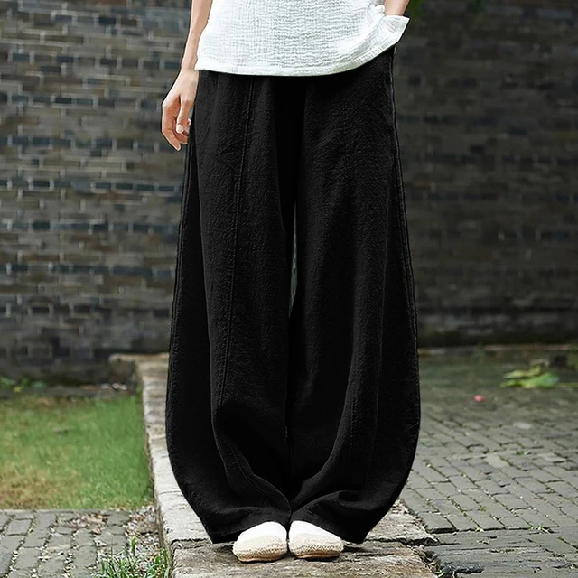 Cotton Linen Loose Drawstring Women's Pants Wide-leg High Waist Trousers  Women Korean Solid Pocket Female Stretch Straight Pants - AliExpress