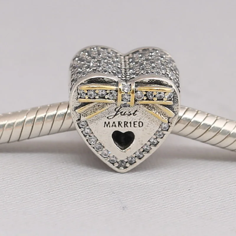 

Crystal Wedding Love Heart With Gold Colour Bow Charm Fit Women Bracelet Bangle DIY Jewelry Authentic S925 Sterling Silver Bead