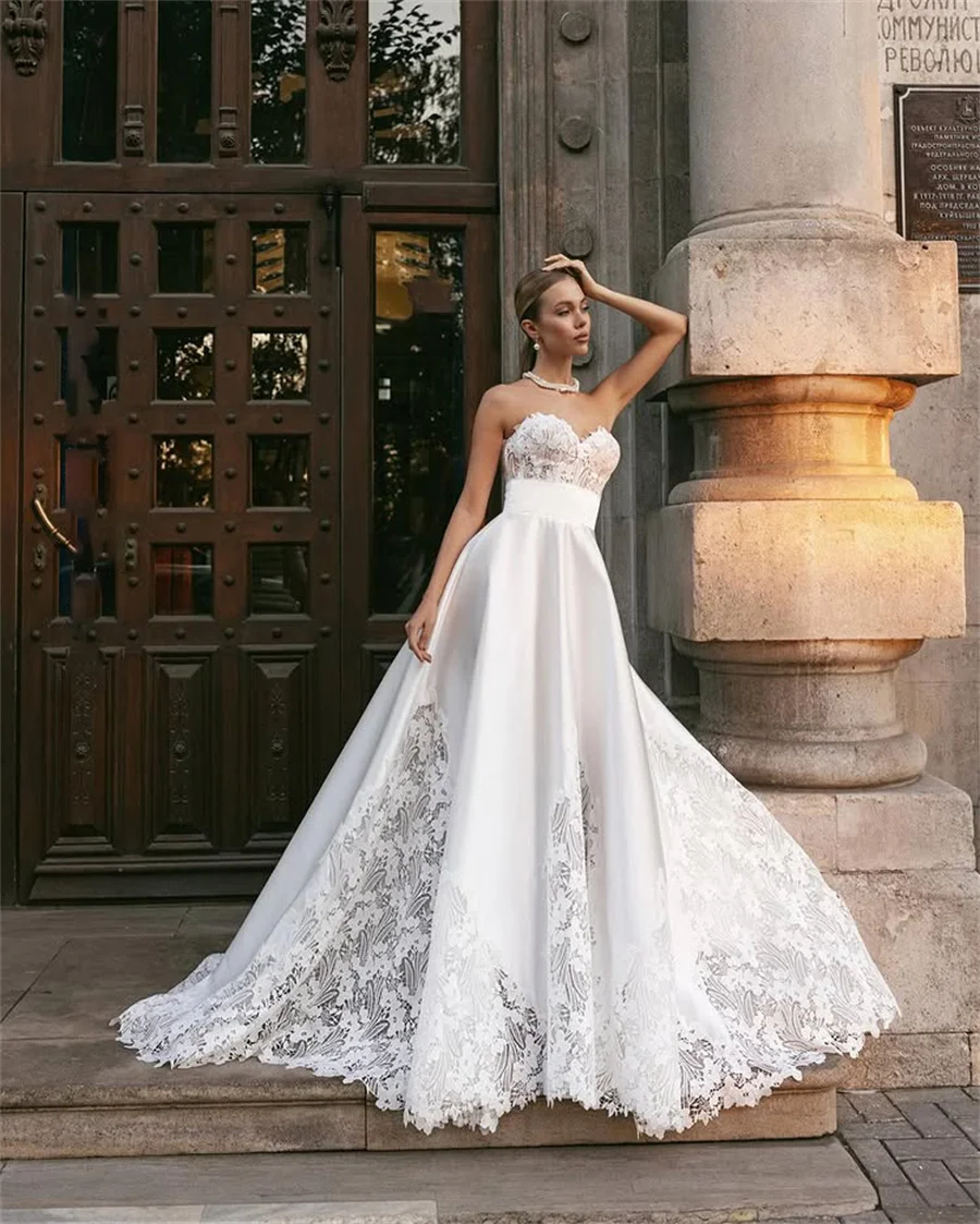Sleeveless satin lace wedding dress A-line backless lace up bridal gown HOT | eBay Sleeveless satin lace wedding dress A-line backless lace up bridal gown HOT | eBay