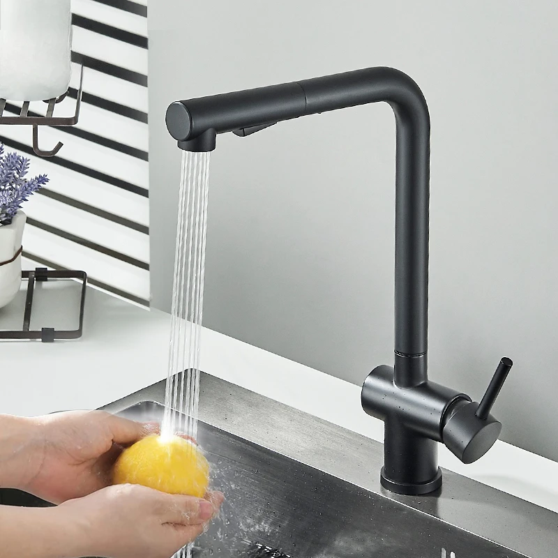 

Black Kitchen Faucet Pull Out Kitchen Mixer With 2-way Spray 360 Rotation Swivel Water Crane For Kitchen Stainless Steel Taps