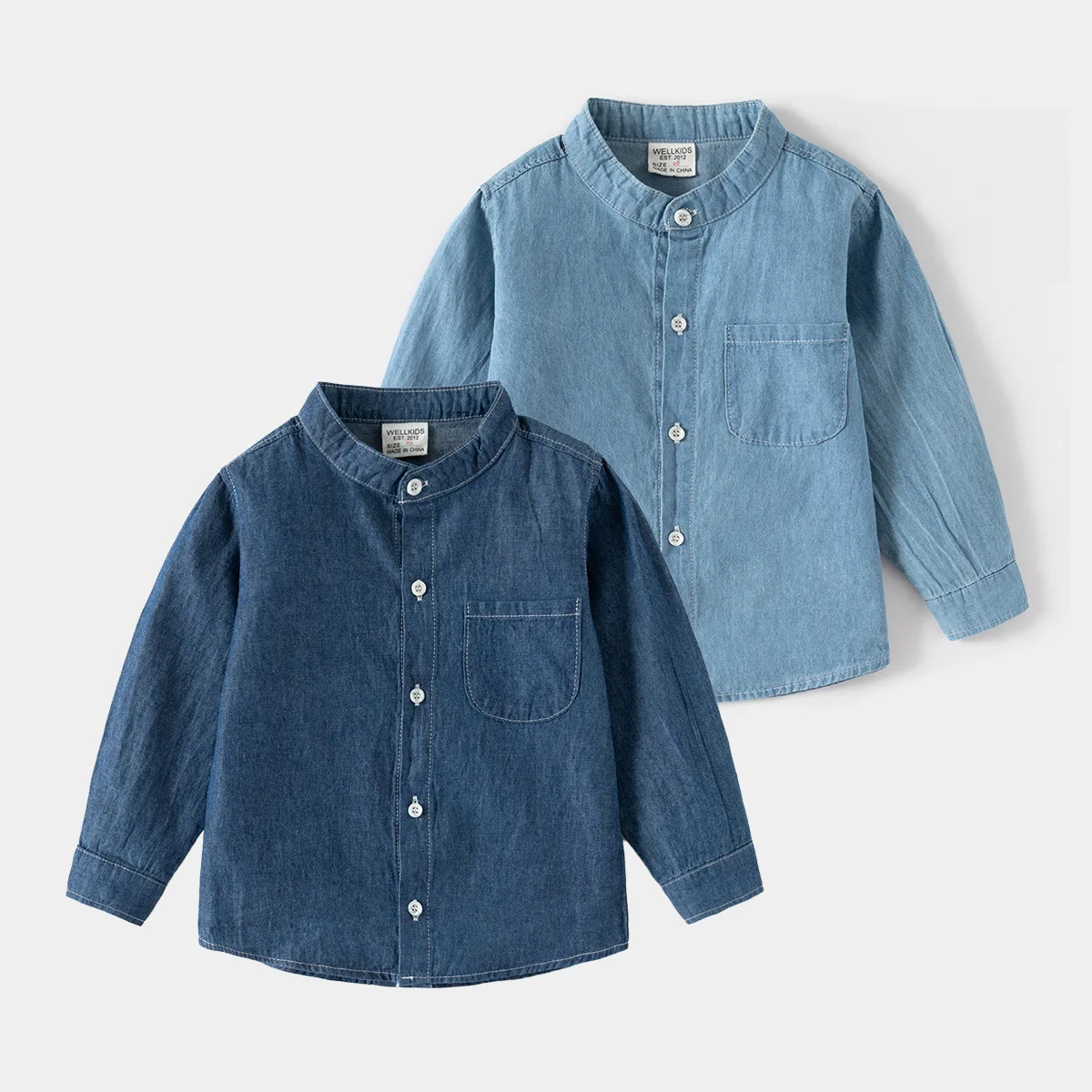 Spring Autumn 2 3 4 5 6 8 Years Patchwork Mandarin Collar Cotton Long Sleeve Classic Casual Kids Baby Boy Denim Shirt