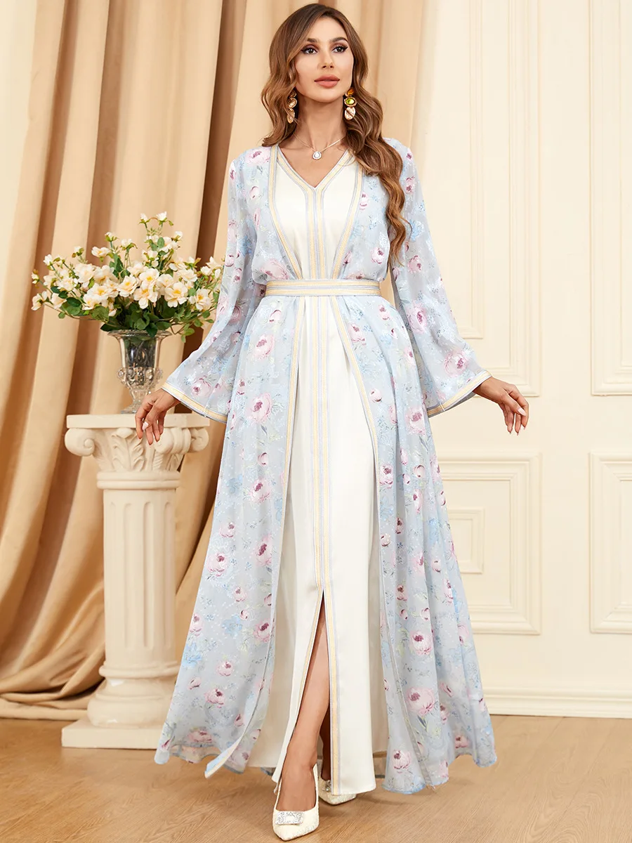 

Moroccan Kaftan Dress Dubai Arabic Evening Party Dress 2 Piece Set Floral Print Muslim Women Abaya Ramadan Eid Jalabiya Algerian