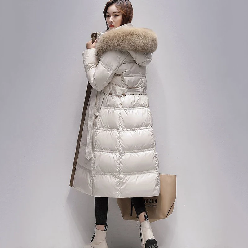

New High-Grade Women's Fox Fur Collar Down Jacket Winter Coat Cold 90% White Duck Down Outerwear Long Hooded Parker Overcoat