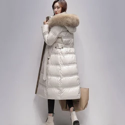 New High-Grade Women's Fox Fur Collar Down Jacket Winter Coat Cold 90% White Duck Down Outerwear Long Hooded Parker Overcoat