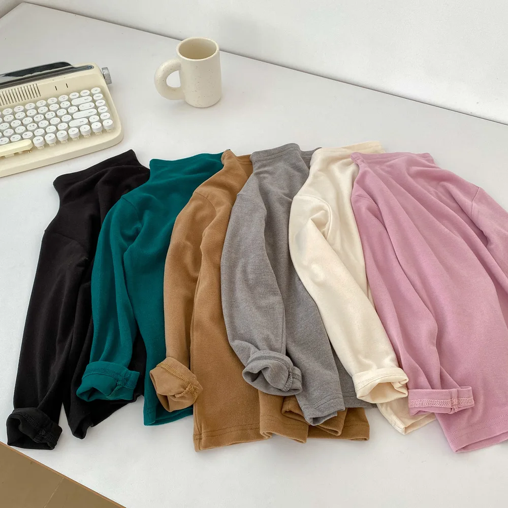 

2023 Autumn New Children Long Sleeve Sanding Bottoming Shirt Cotton Baby Boys Girls Solid Versatile Basic Pullover Kids Clothes
