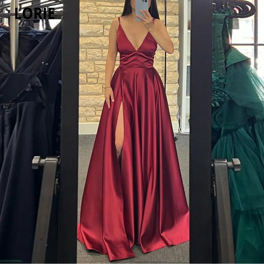 

LORIE V-neck Evening Dresses Vestidos Para Mujer Gala Spaghetti Straps A-line Satin High Leg Slit Party Dresses Robes De Soirée