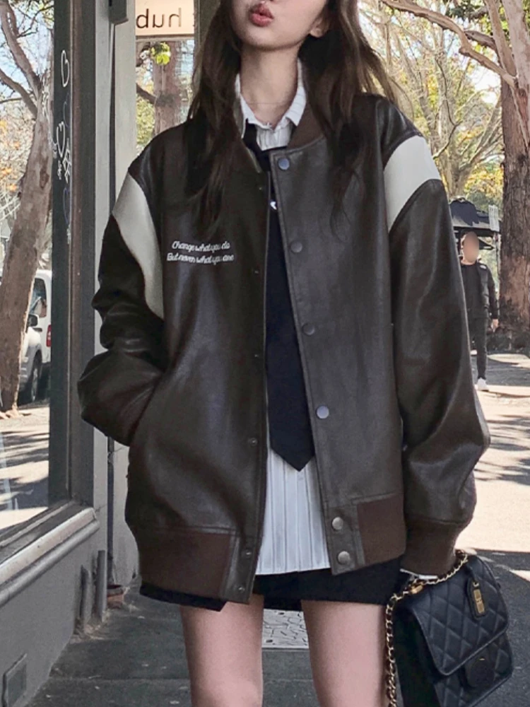 

Black Autumn Leather Jacket Coat Women Patchwork Vintage Casual Loose Outerwear Female Pockets Korean Streetwear Coats 2023 New