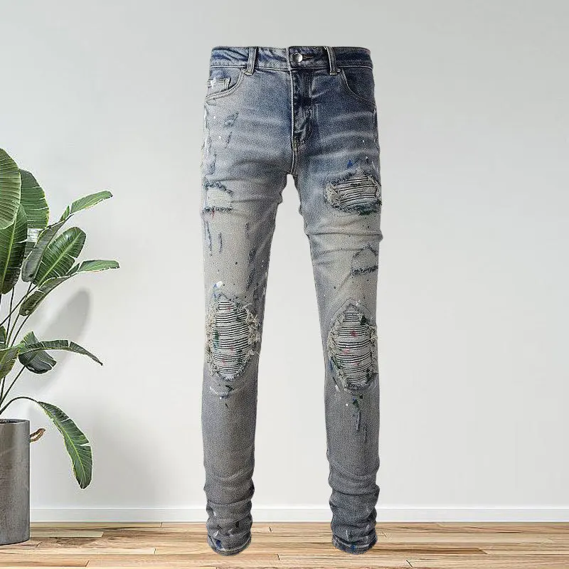 

Color Splash Print Jean Hombre Motorcycle Pants Ripped Jean Noir Homme Zipper Jean For Men High Street Wash Water 2023 Spring