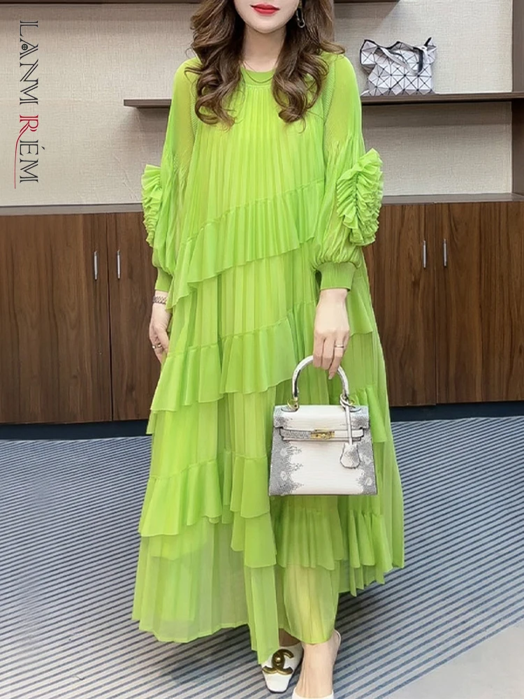 LANMREM Ruffled Multi Layer Splicing Design Long Sleeve Pleated Women's Dress 2025 New Causal Loose Fashion Long Sleeve Dresses