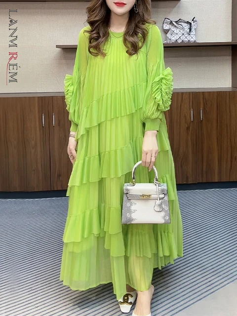 LANMREM Ruffled Multi Layer Splicing Design Long Sleeve Pleated Women's Dress 2025 New Causal Loose Fashion Long Sleeve Dresses