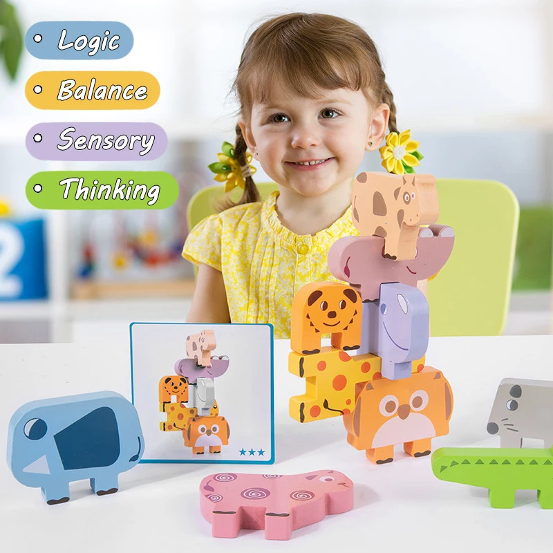 Animal Blocks Wooden Toys Matching Stacking Balance Thinking Sorting Board Game Montessori Sensory Educational Toys for Children - 2