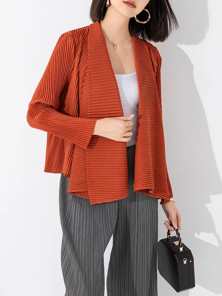 Miyake Pleated Coat Women's Solid Color Fashionable Unbuttoned Large Lapel Irregular Short High-end Top 2023 Autumn New Cardigan