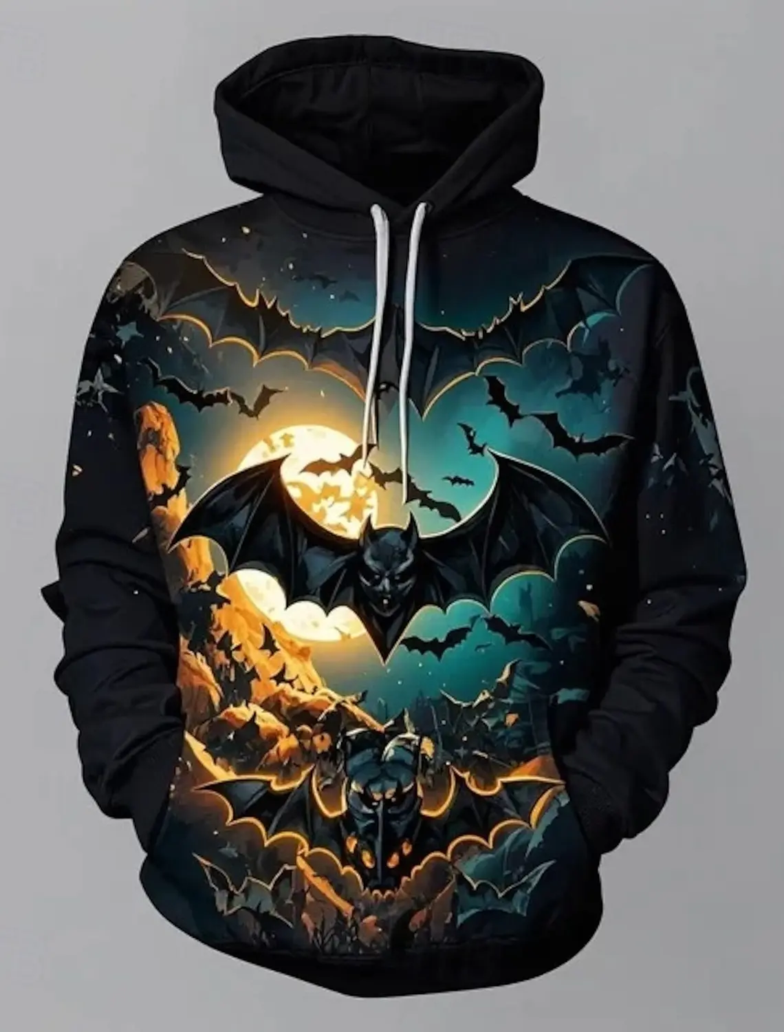 Sudadera con capucha y estampado 3D de esqueleto y calavera de murciélago para Halloween, con bolsillo delantero, para parejas, para Halloween, carnaval, fiesta de disfraces