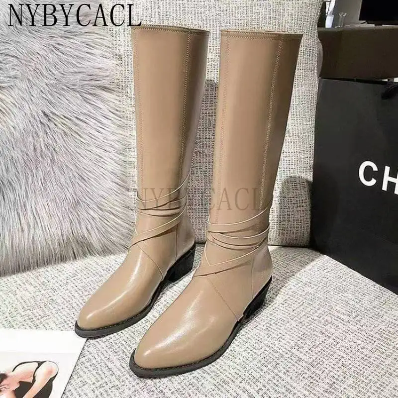 2023 Women Knee High Boots Cool Fashion Concise Genuine Leather Thick Heels Shoes Woman Autumn Winter Casual Long Boots New