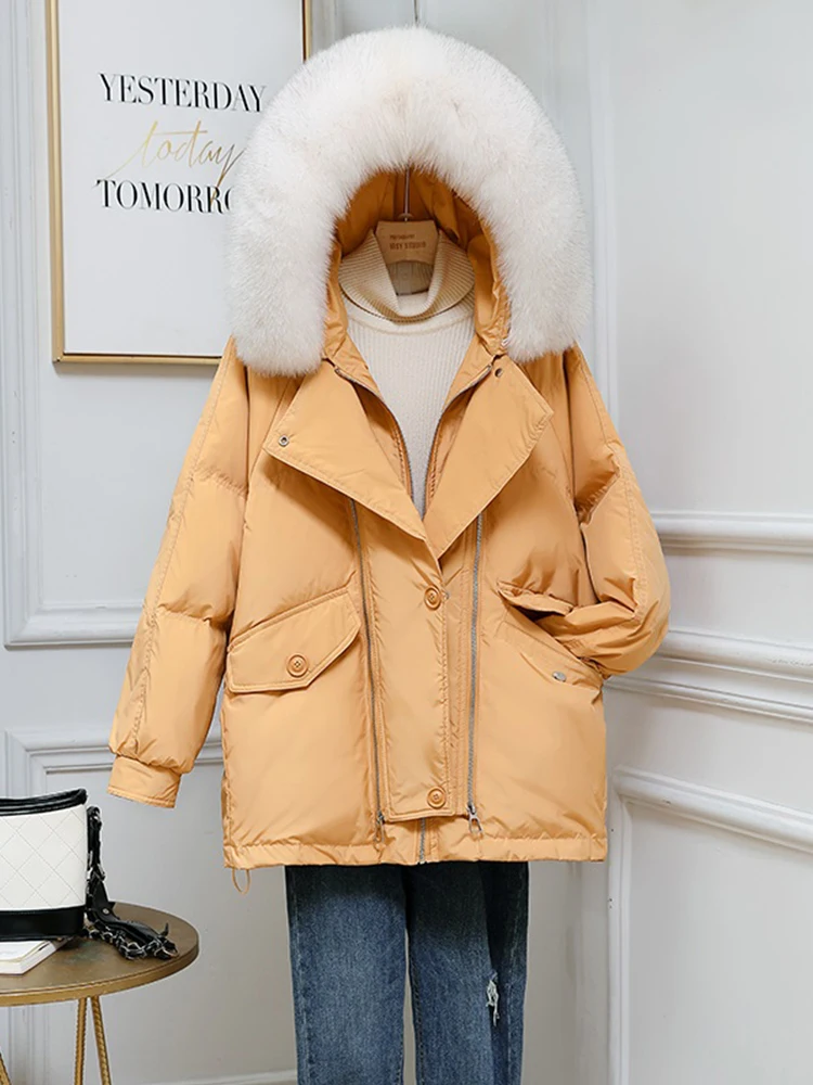 

FTLZZ Winter Women 90% White Duck Down Coat Large Real Fur Collar Hooded Zipper Jacket Casual Loose Thick Warm Snow Outwear