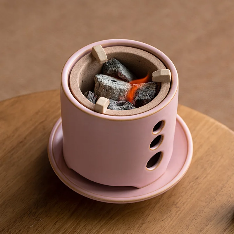 Pink Charcoal Tea Stove Boiler 650ml Teapot Ceramic Soda Glaze High temperature 20cm Baking net Fireplace One set 3