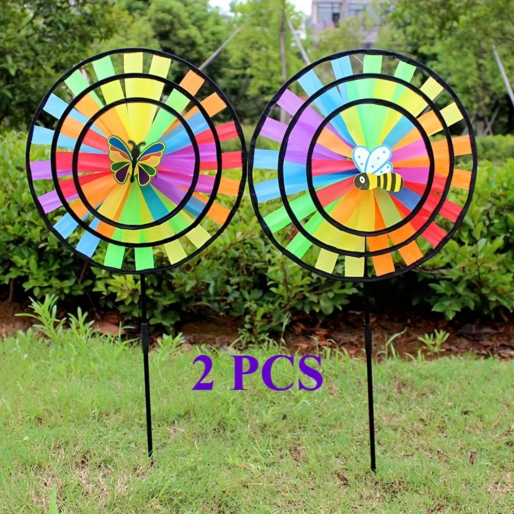 2 Stück Windspinner, 13,38 Zoll, dreilagige, regenbogenfarbene Windmühle, Schmetterling, Biene, glitzerndes Rasen-Windrad, bunte Regenbogen-Windmühle