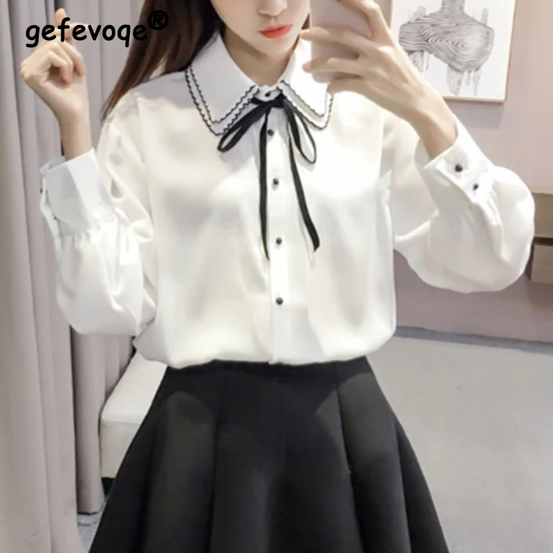 

Spring Summer Elegant Fashion Chic Bow Buttons Shirt Ladies Polo-neck Long Sleeve Top Women Loose Casual Blouse Female Clothes