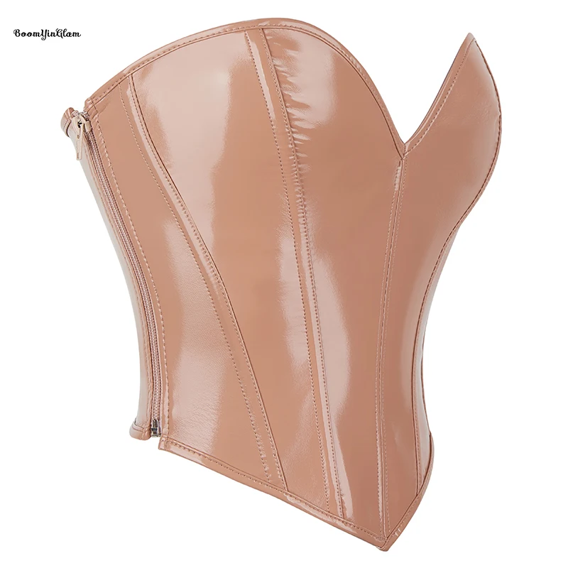Cream Gothic Vintage Korset Invisible Zipper Pu Leather Cropper Top Push Up Bustier Deep V-neck Strapless Corselet For Women