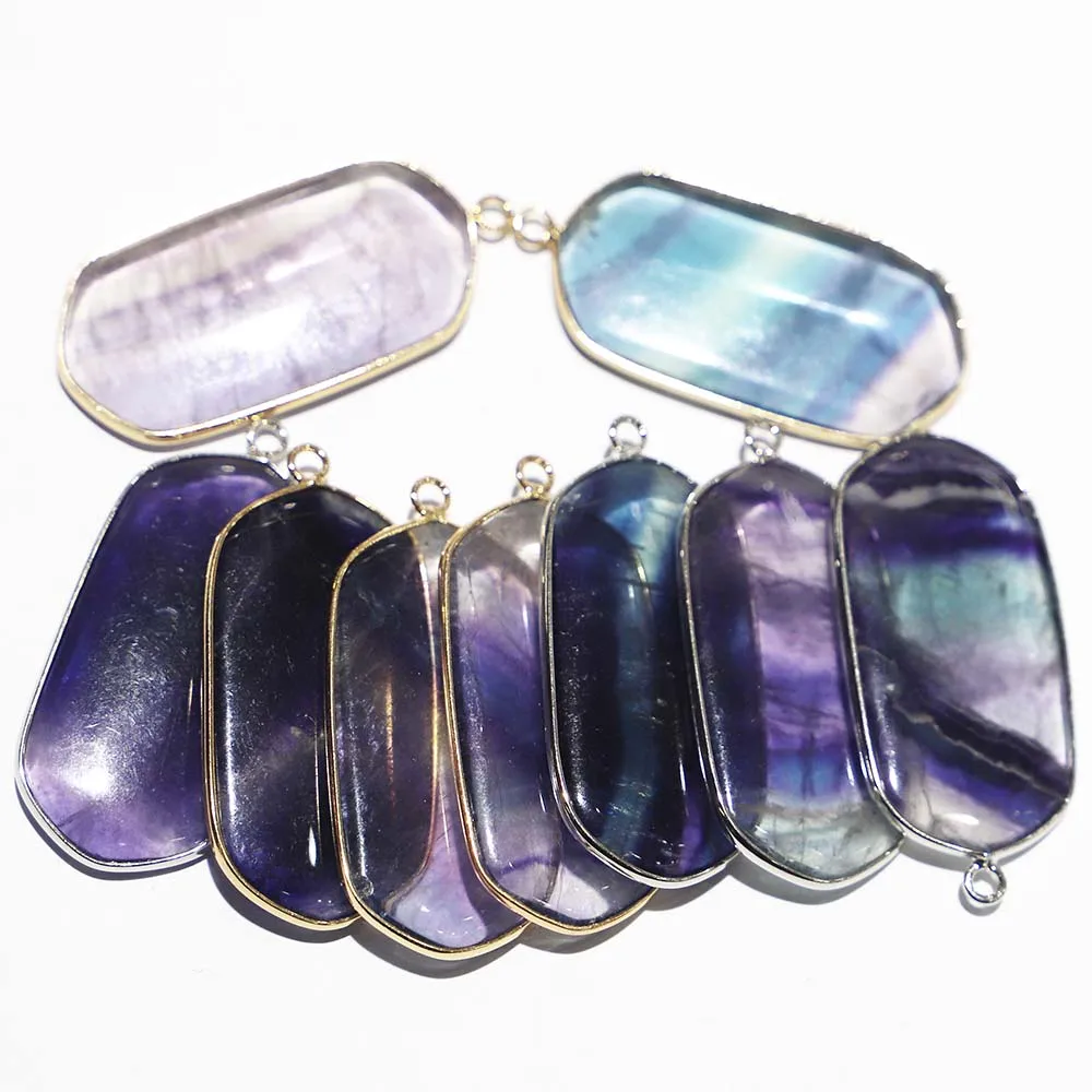 Fashion Natural Fluorite Polygon Gilt Edged Pendant Mineral Healing Necklace Reiki Charms DIY Jewelry Accessories Wholesale 6Pcs