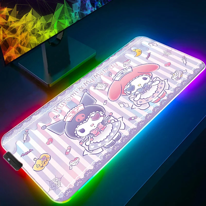 Anime Sanrio Melody Kawaii Large RGB Mousepad 900x400 Keyboard LED Gaming Table Mat Laptop Office Accessories Backlit Mouse Pad kawaii table desk pad extra large gaming mouse pad xxl pink sakura computer keyboard laptop desk pad accessories