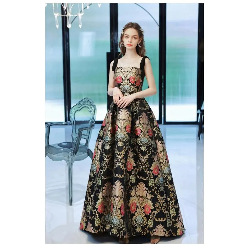 

2023 New Formal Evening Dresses Jacquard Fabric Evening Dresses Spaghetti Strap Scoop A-line Short Sleeve Satin Robe De Soiree
