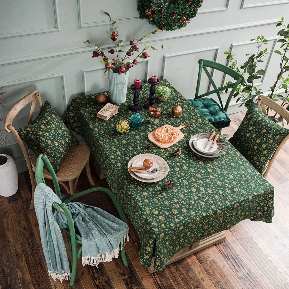 Linen Cotton Christmas Party Tablecloth Rectangle Green Bronzing Gold Dinning Table Cover For Home Events Decorative