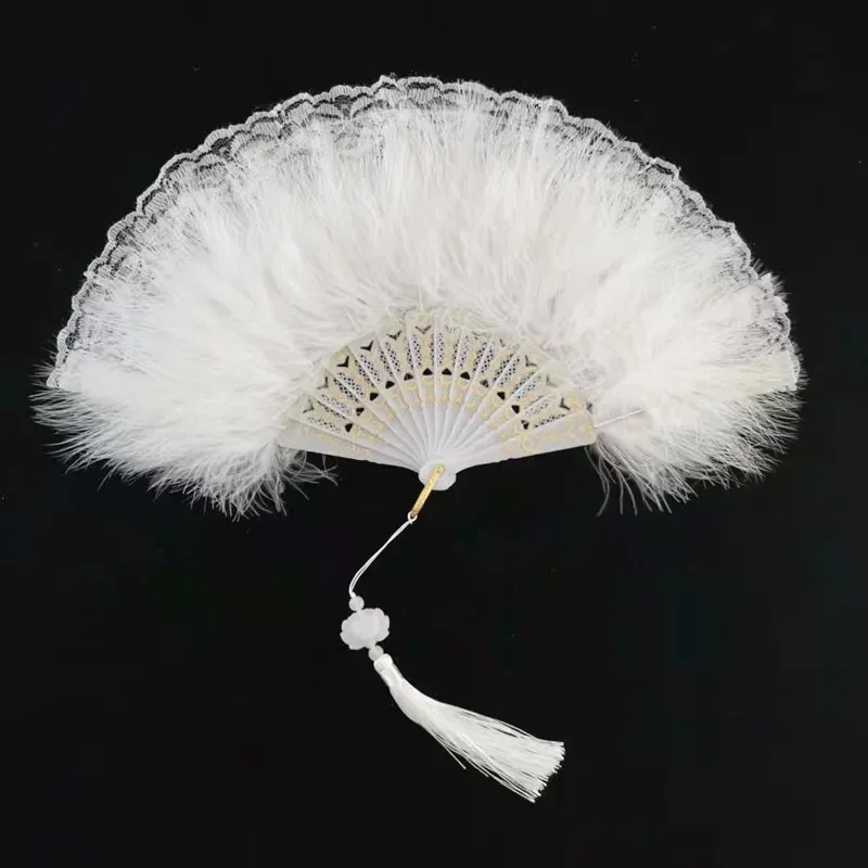 Chinese Vintage Retro Foldable Hand Fan Black Feather Lace Folding Handheld Fan For Dance Art Wedding Festival Decoration Party