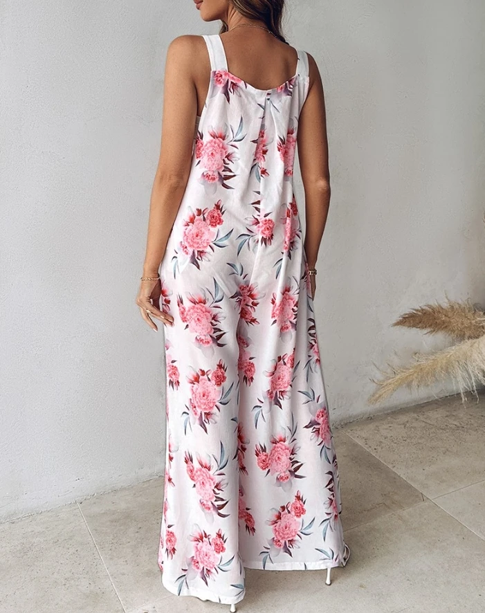 Women Jumpsuit 2024 Spring Latest Square Neck Floral Print Wide Leg Suspender Button Pocket Oversized Vacation Romper Bodysuit
