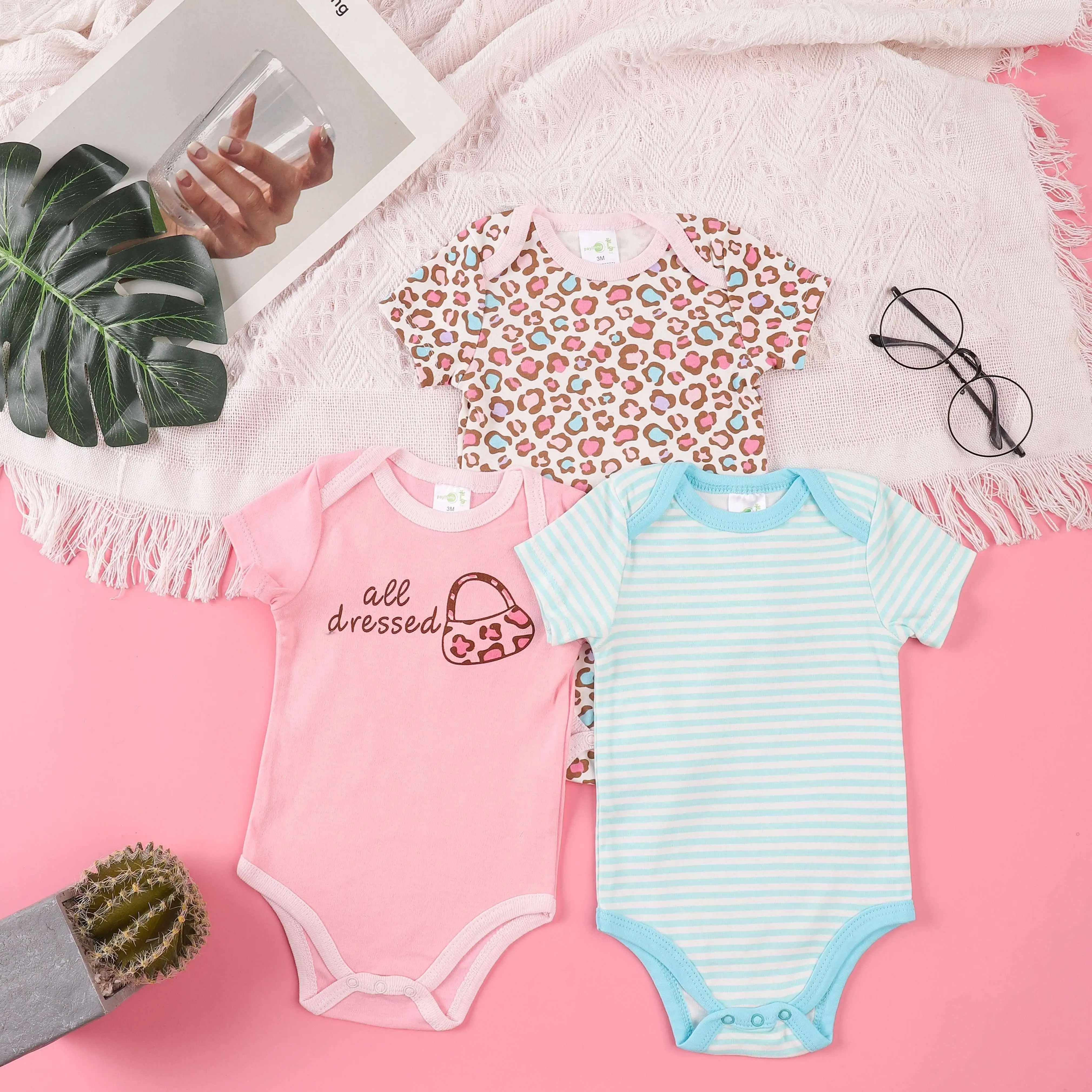 3PCS Summer Boys Girls Cute Pattern Hoodie Set Short Sleeved Triangle Jumpsuit Newborn Cotton Comfortable Pajamas cotton romper