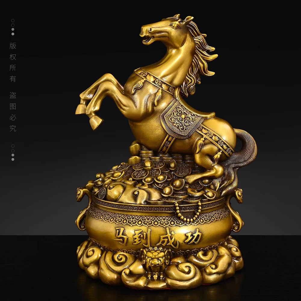 Lucky Brass Horse Statue on Treasure Basin - Chinese Money Horse Figurine for Success, Wealth & Good Fortune, Office Desk Decor