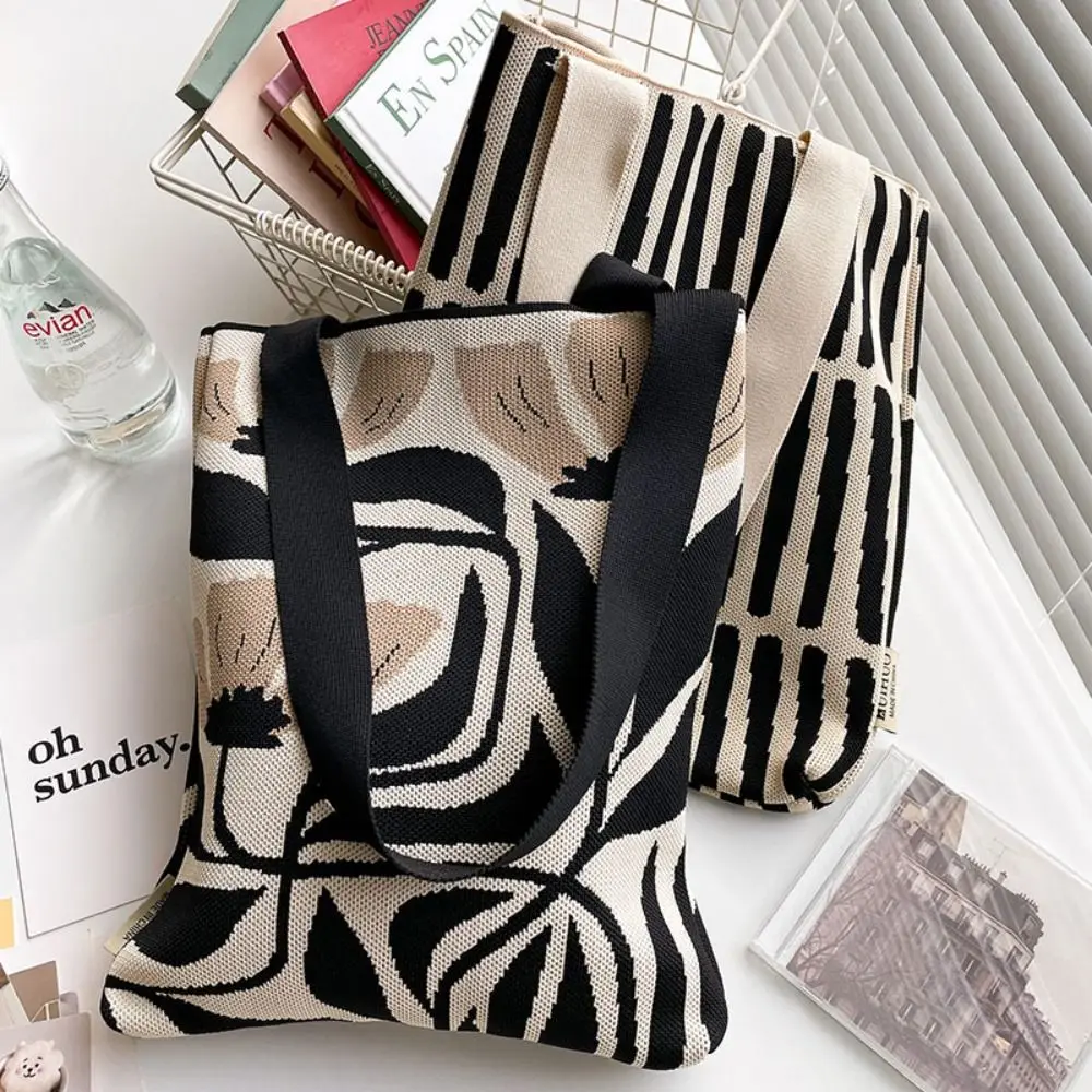 

Cute Knit Handbag Fashion Geometric Pattern Knit Knot Wrist Bag High-capacity Tote Bag Women