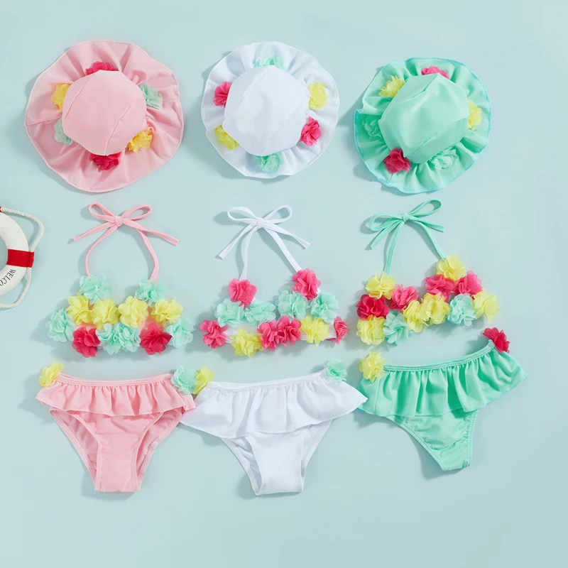 New 0-24 Months Infant Baby Girls 3 Pcs Swimsuits Flower Tie-Up Halter Neck Tanks Ruffles Shorts + Sun Hat Kids Bikini Set