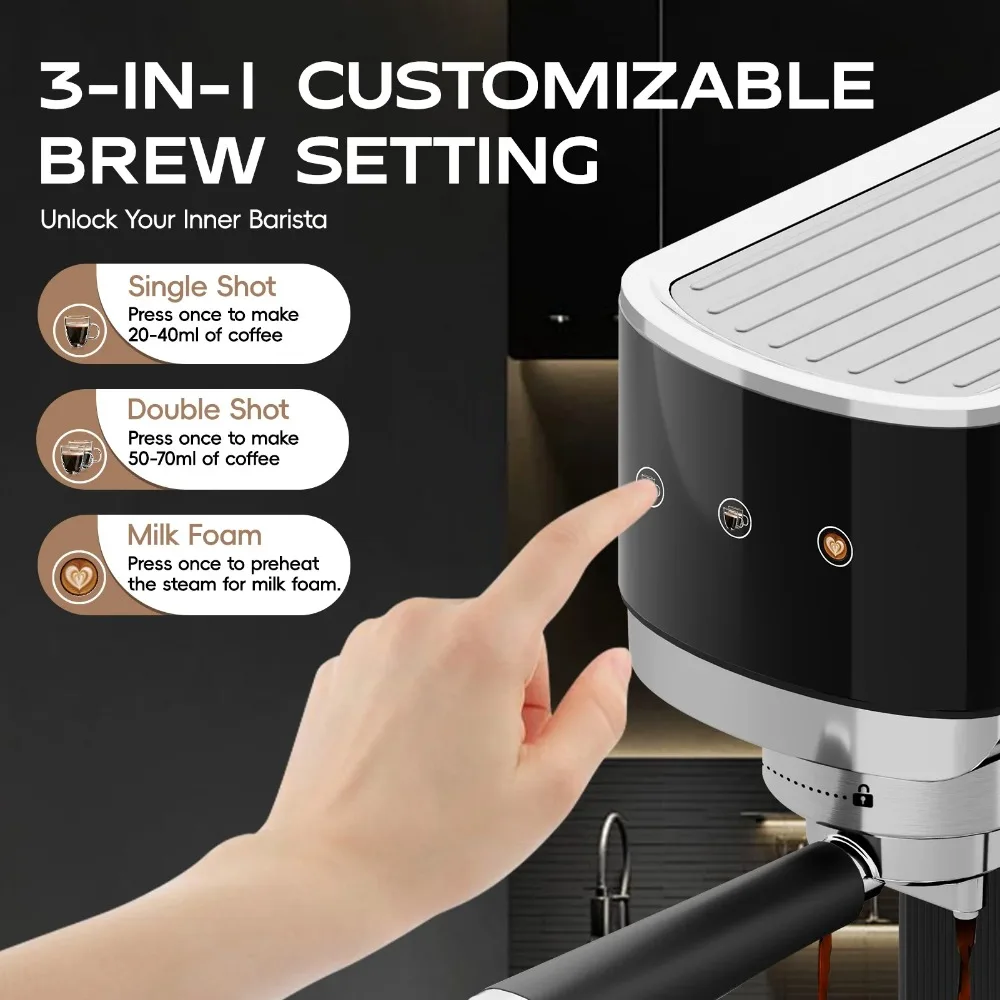 Machine 20 Bar，Espresso Coffee Maker with Milk Frother Steam Wand, Stainless Steel Coffee Machine 4